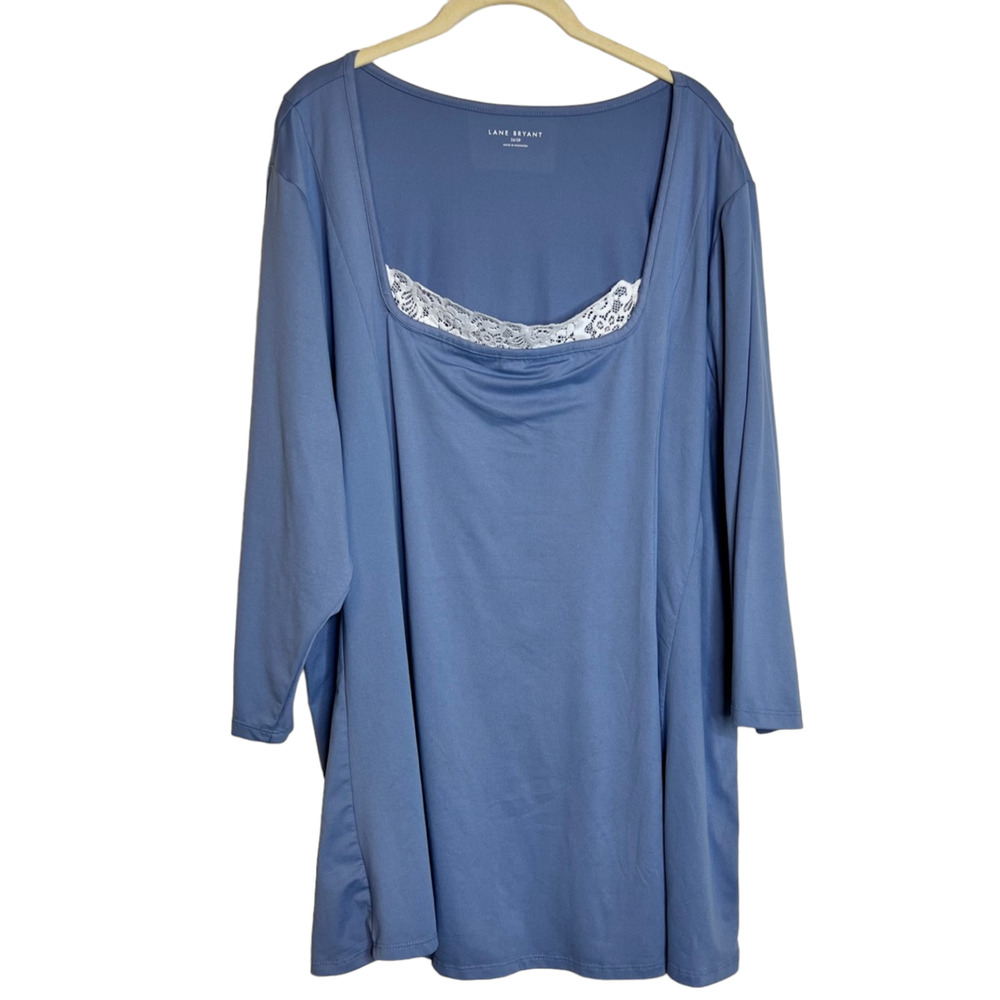 Lane Bryant Womens Knit Pullover Blouse Size 26/28 Blue 3/4 Sleeves Crochet Trim